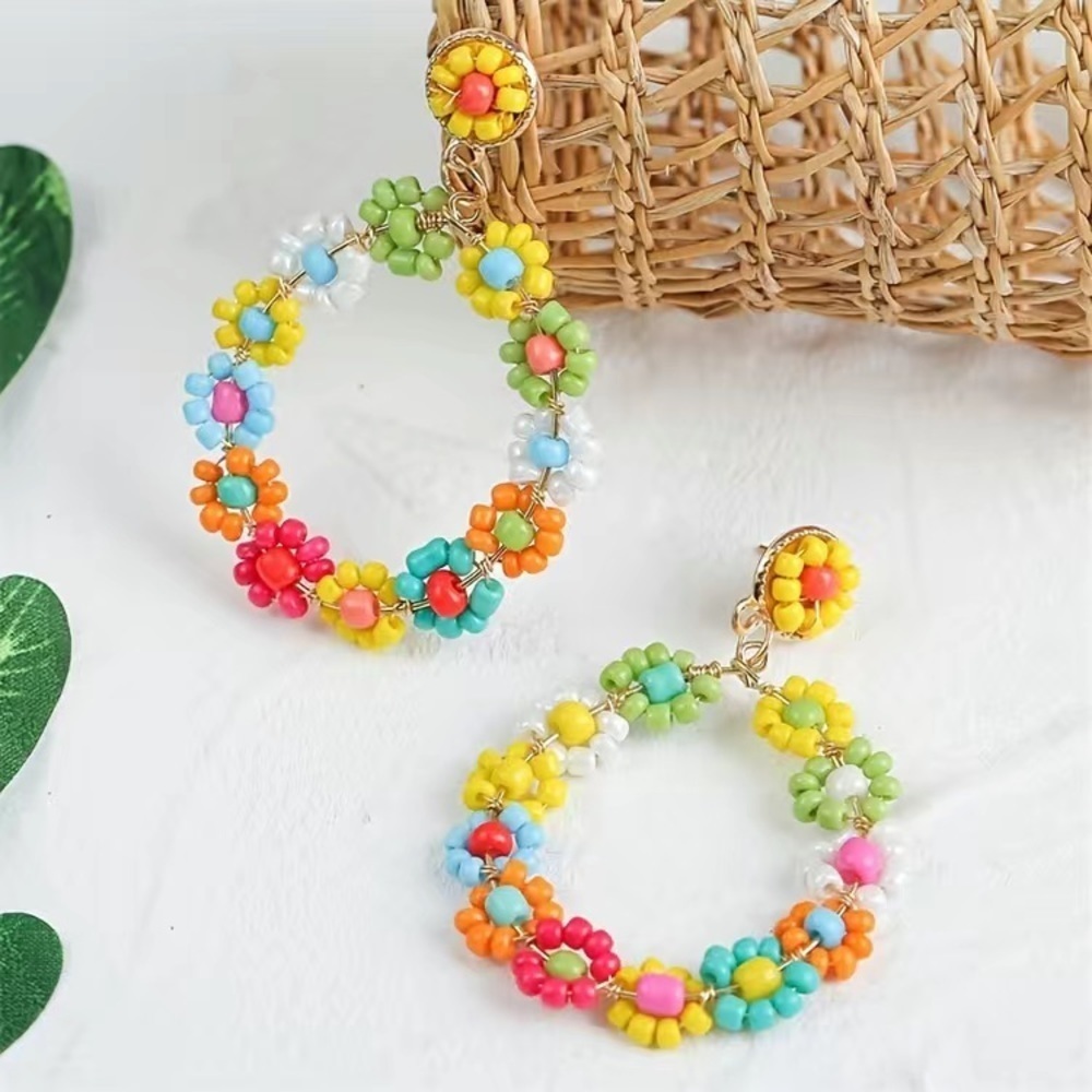 Flower Theme Dangle Earrings O-Shape Beaded Bohemian Hoop Earrings